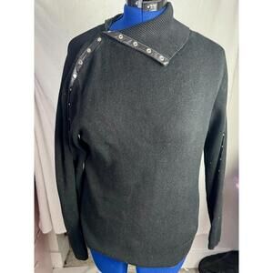 black ribbed sweater leather strap snap collar edgy minimalist long sleeve knit